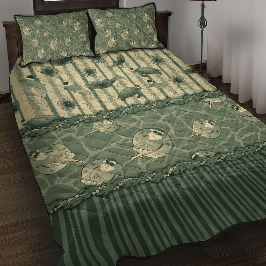 Hawaii Christmas In July Quilt Bed Set Olive Green Mele Kalikimaka Sea Animals