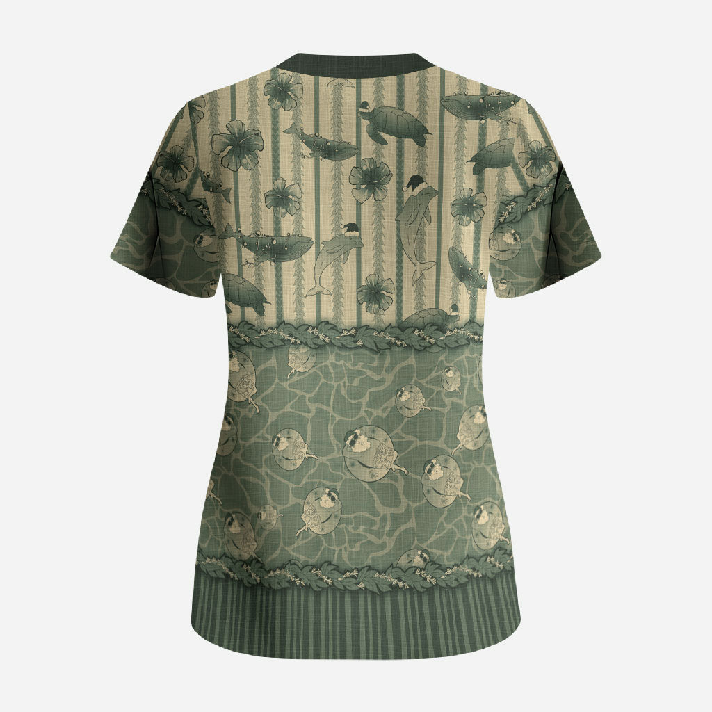 Hawaii Christmas In July Scrub Top Olive Green Mele Kalikimaka Sea Animals DT05 - Polynesian Pride