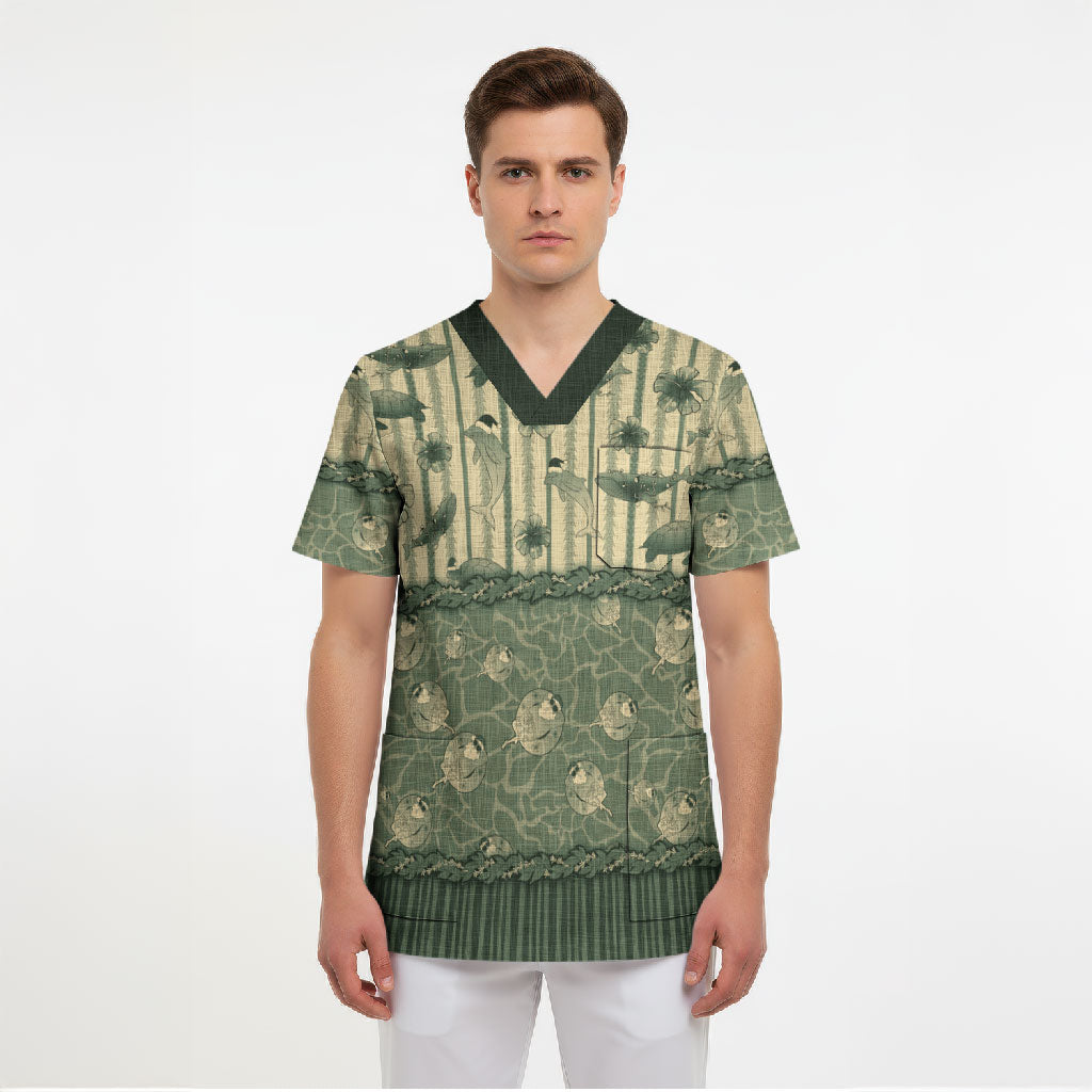 Hawaii Christmas In July Scrub Top Olive Green Mele Kalikimaka Sea Animals DT05 - Polynesian Pride