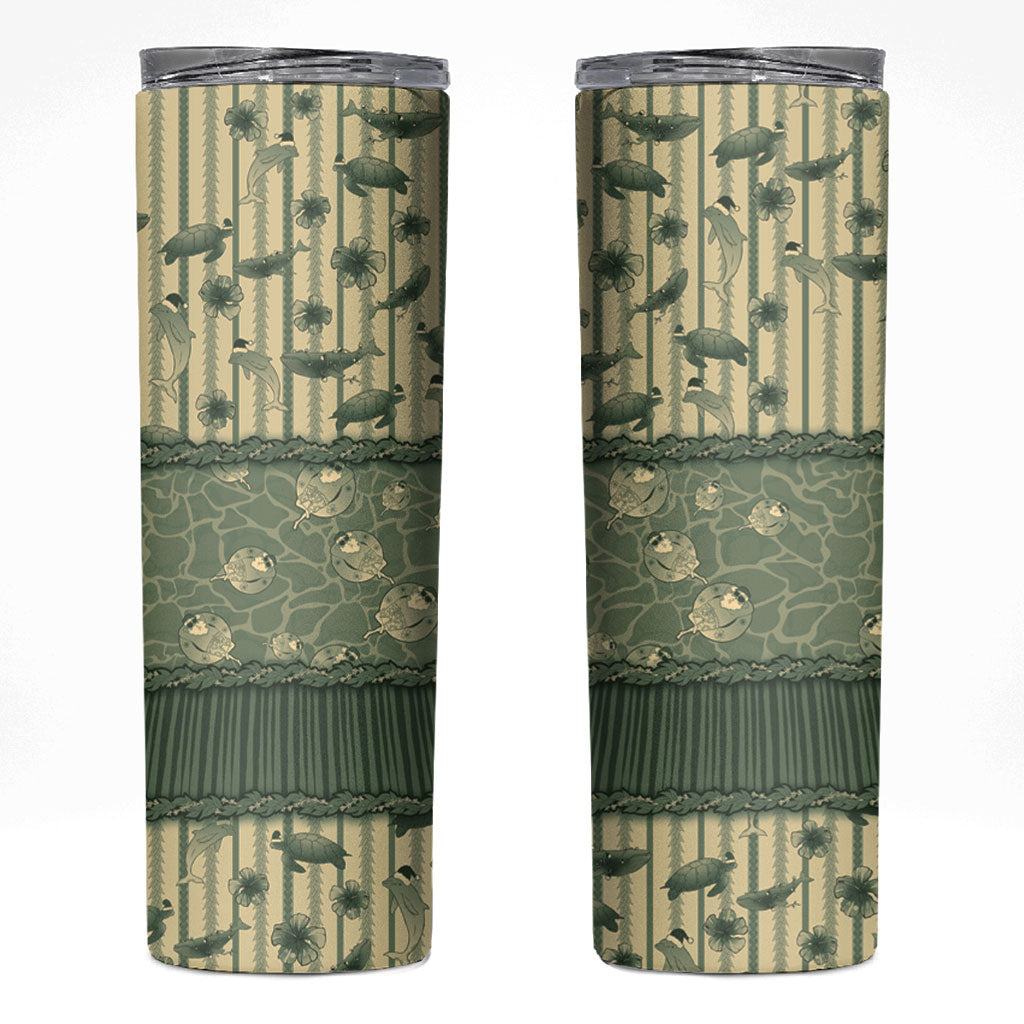 Hawaii Christmas In July Skinny Tumbler Olive Green Mele Kalikimaka Sea Animals DT05 Green - Polynesian Pride