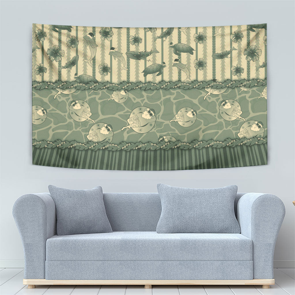Hawaii Christmas In July Tapestry Olive Green Mele Kalikimaka Sea Animals