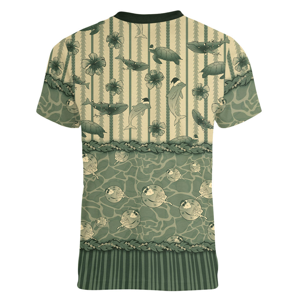 Hawaii Christmas In July Women V-Neck T-Shirt Olive Green Mele Kalikimaka Sea Animals DT05 - Polynesian Pride