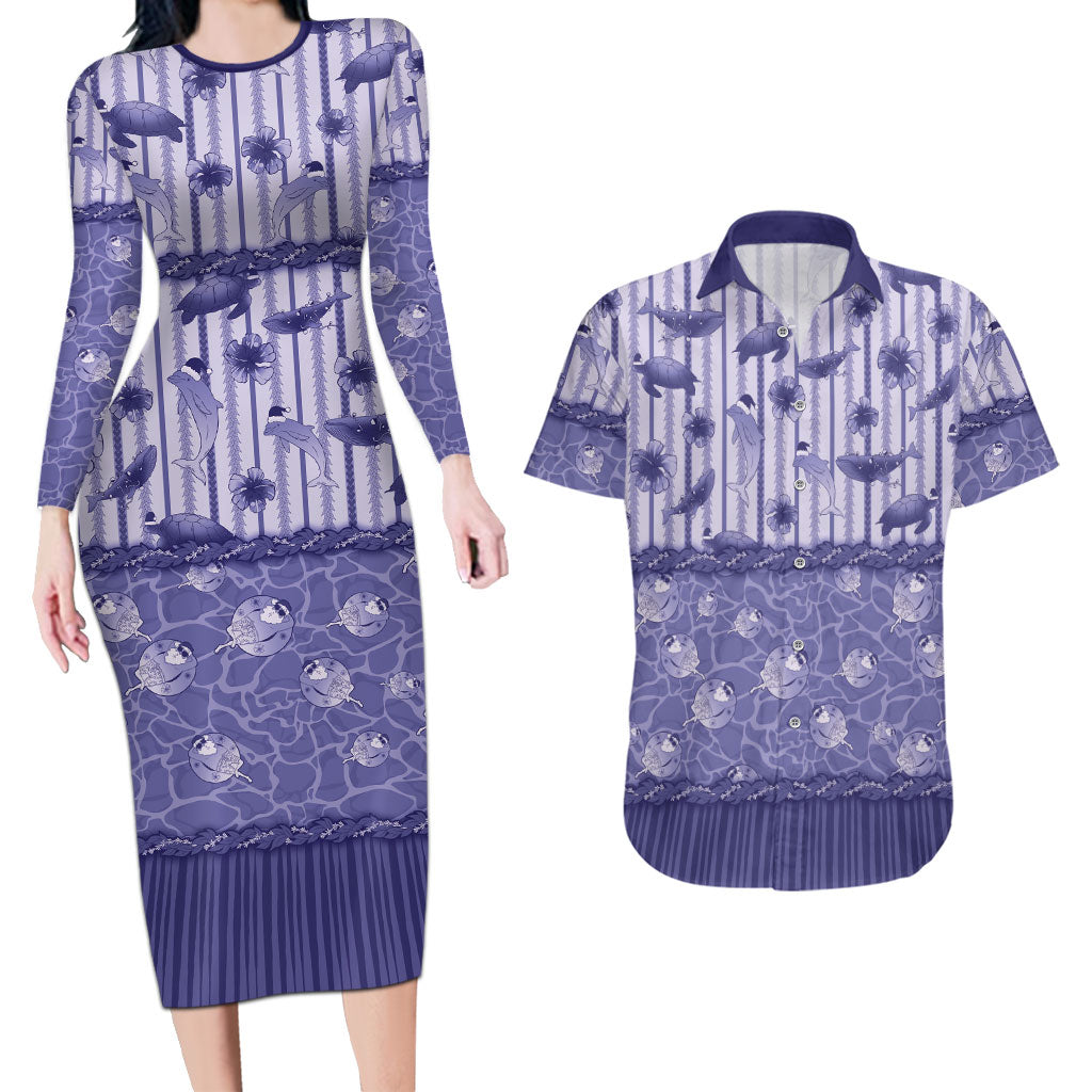 Hawaii Christmas In July Couples Matching Long Sleeve Bodycon Dress and Hawaiian Shirt Amethyst Purple Mele Kalikimaka Sea Animals DT05 Purple - Polynesian Pride