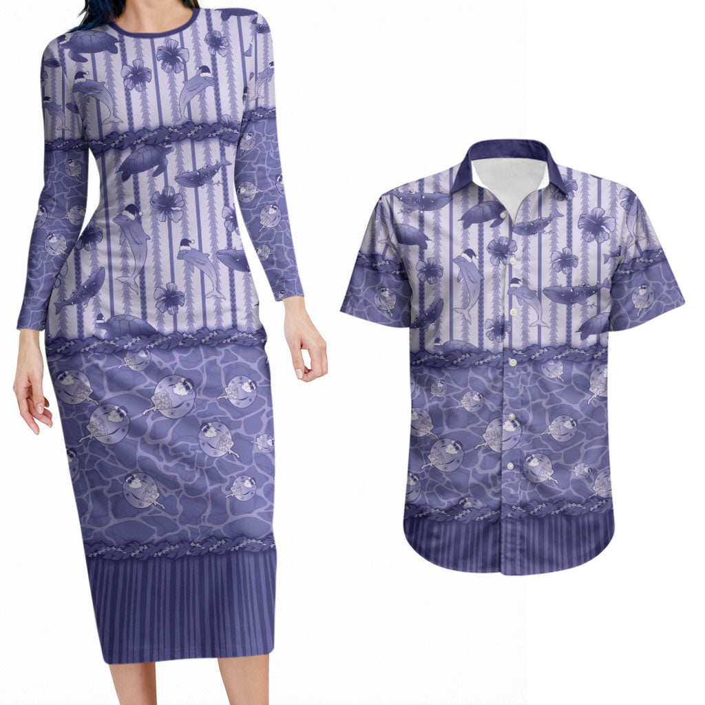 Hawaii Christmas In July Couples Matching Long Sleeve Bodycon Dress and Hawaiian Shirt Amethyst Purple Mele Kalikimaka Sea Animals DT05 Purple - Polynesian Pride
