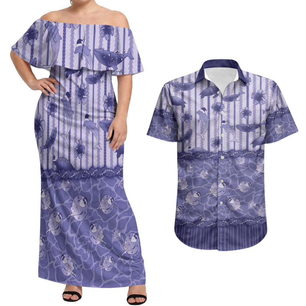 Hawaii Christmas In July Couples Matching Off Shoulder Maxi Dress and Hawaiian Shirt Amethyst Purple Mele Kalikimaka Sea Animals DT05 Purple - Polynesian Pride