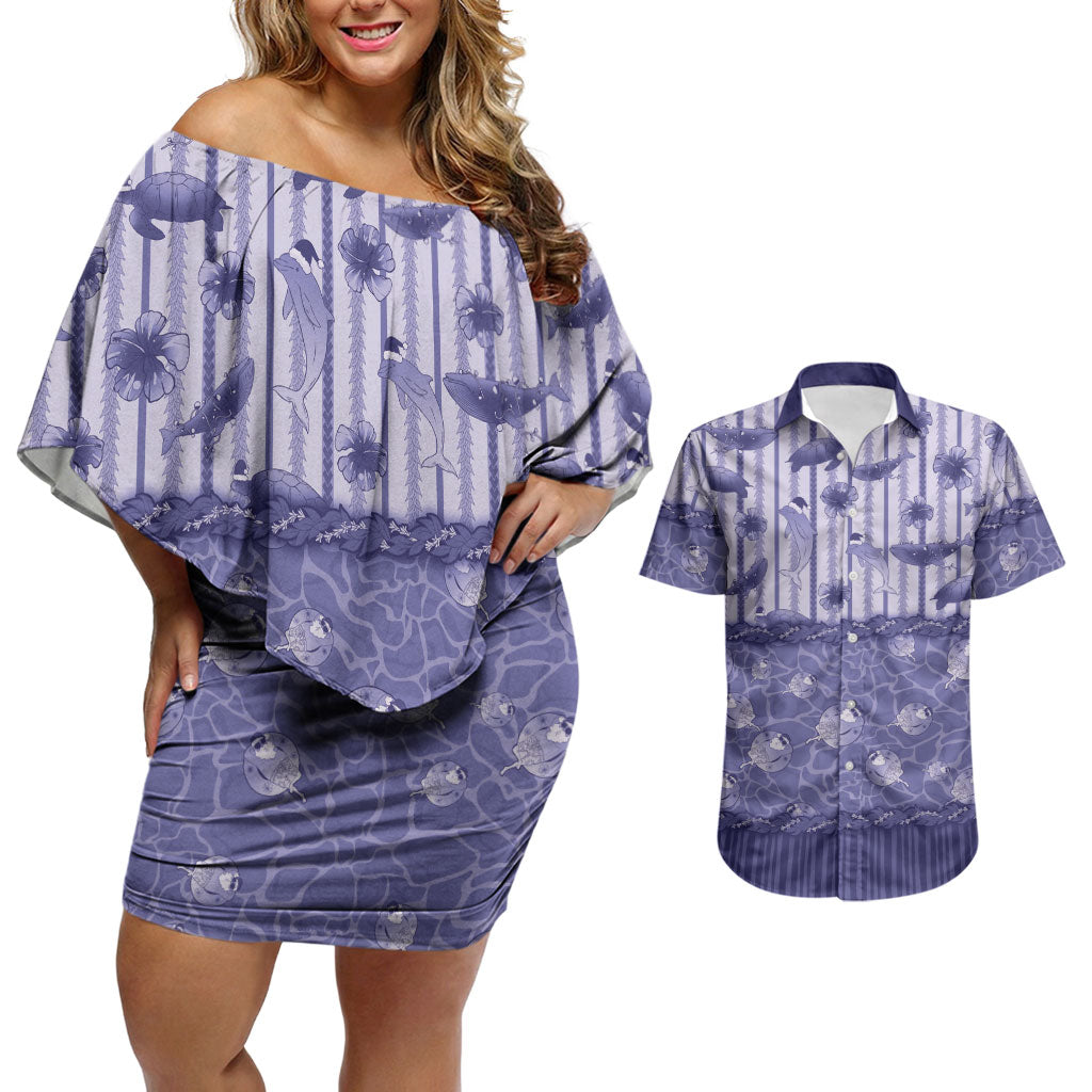 Hawaii Christmas In July Couples Matching Off Shoulder Short Dress and Hawaiian Shirt Amethyst Purple Mele Kalikimaka Sea Animals DT05 Purple - Polynesian Pride