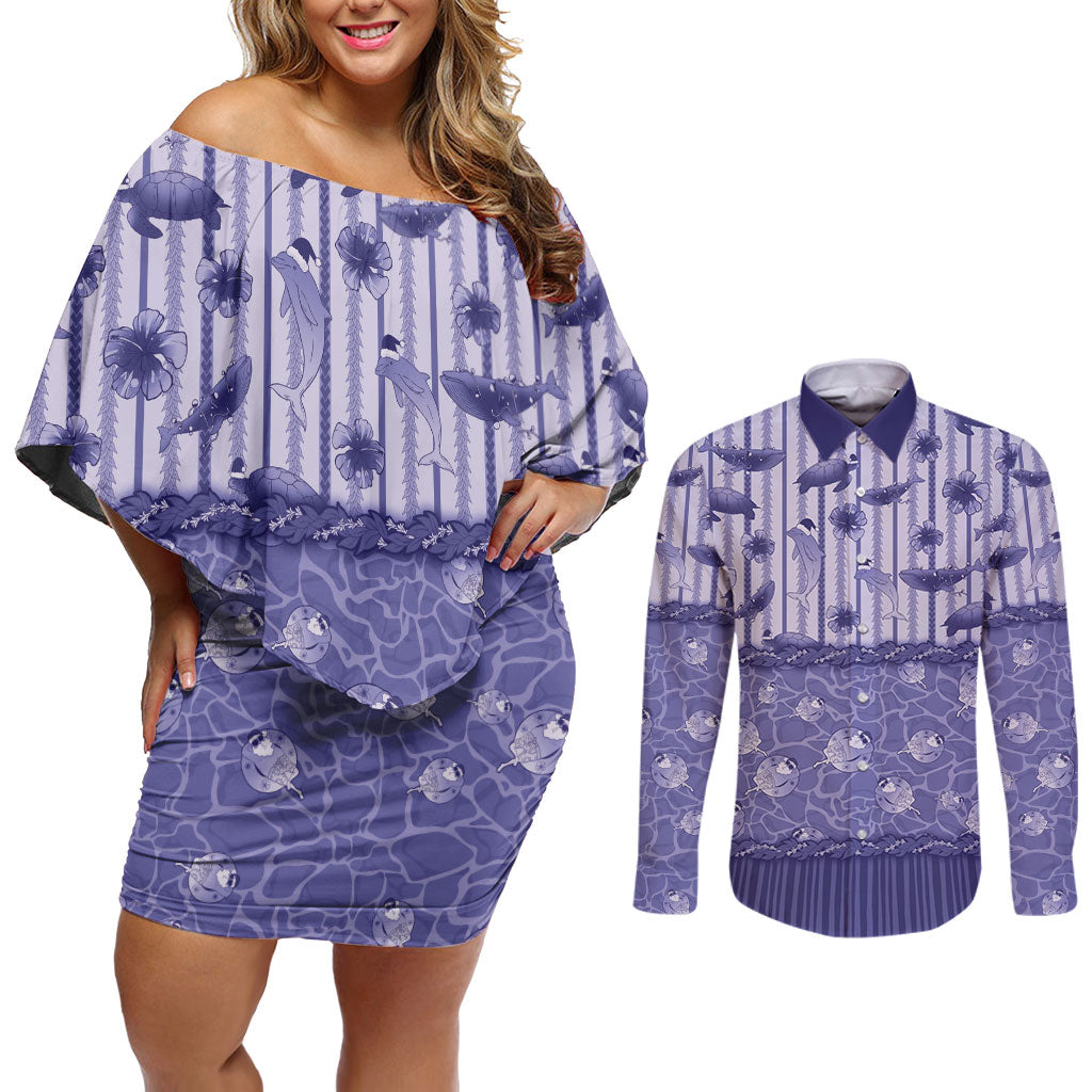 Hawaii Christmas In July Couples Matching Off Shoulder Short Dress and Long Sleeve Button Shirt Amethyst Purple Mele Kalikimaka Sea Animals DT05 Purple - Polynesian Pride