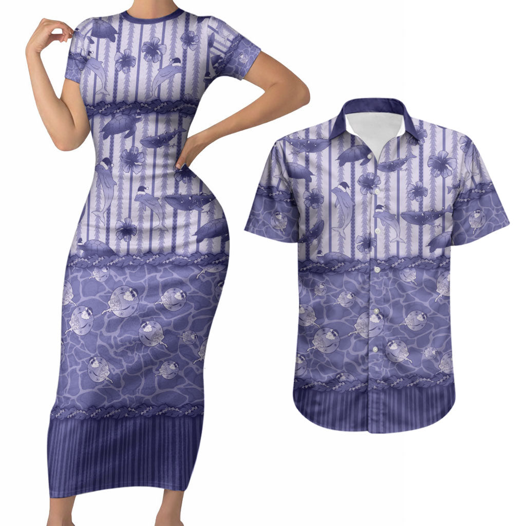 Hawaii Christmas In July Couples Matching Short Sleeve Bodycon Dress and Hawaiian Shirt Amethyst Purple Mele Kalikimaka Sea Animals DT05 Purple - Polynesian Pride