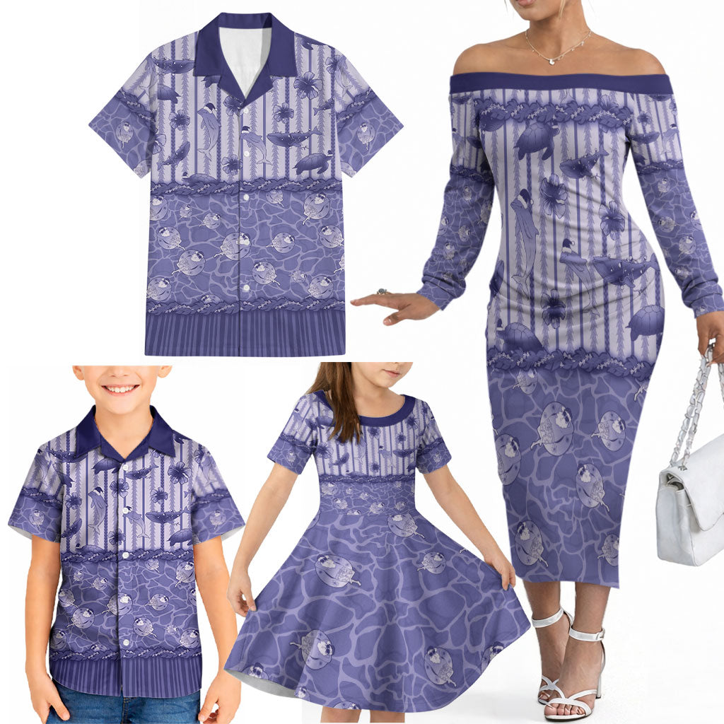 Hawaii Christmas In July Family Matching Off The Shoulder Long Sleeve Dress and Hawaiian Shirt Amethyst Purple Mele Kalikimaka Sea Animals DT05 - Polynesian Pride