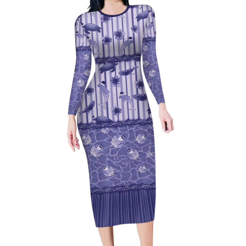 Hawaii Christmas In July Long Sleeve Bodycon Dress Amethyst Purple Mele Kalikimaka Sea Animals