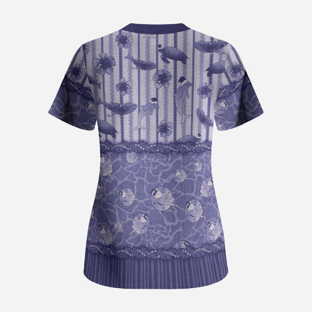 Hawaii Christmas In July Scrub Top Amethyst Purple Mele Kalikimaka Sea Animals