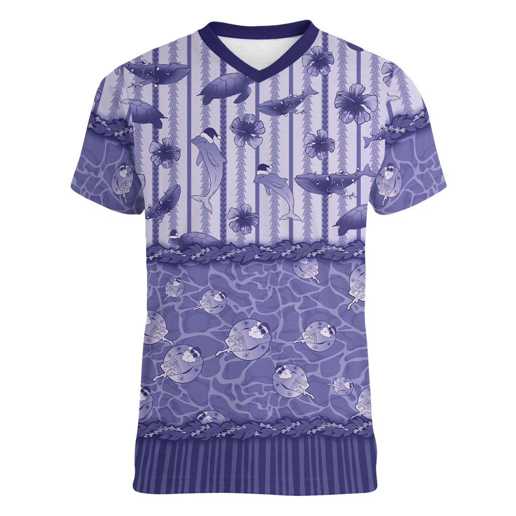 Hawaii Christmas In July Women V-Neck T-Shirt Amethyst Purple Mele Kalikimaka Sea Animals DT05 Female Purple - Polynesian Pride