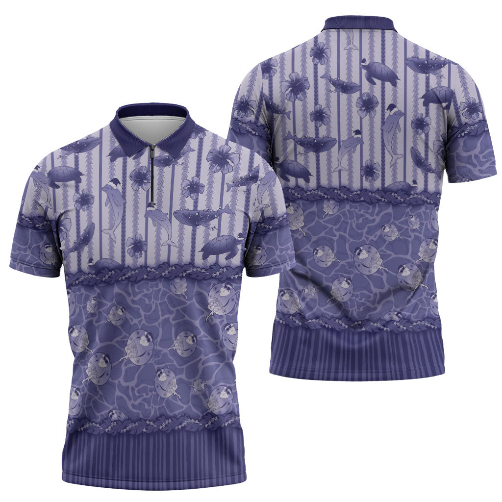 Hawaii Christmas In July Zipper Polo Shirt Amethyst Purple Mele Kalikimaka Sea Animals DT05 - Polynesian Pride