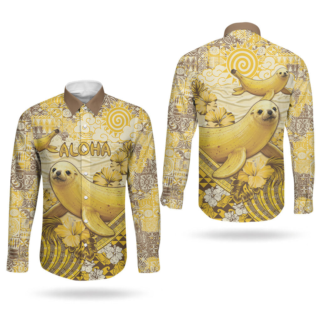 Hawaii Banana Seal Couples Matching Off Shoulder Short Dress and Long Sleeve Button Shirt Ilio Holo I Ka Uaua Aloha DT05 - Polynesian Pride