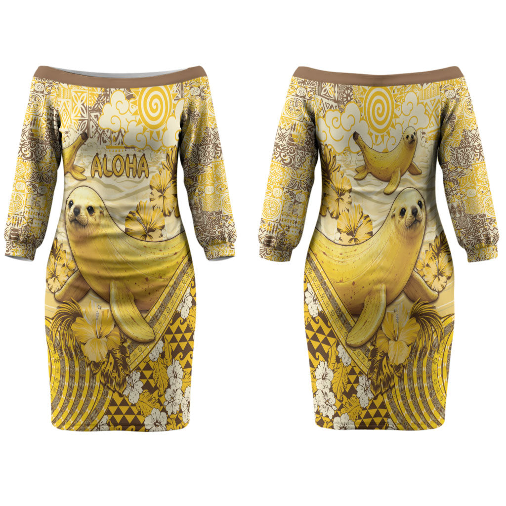 Hawaii Banana Seal Family Matching Off The Shoulder Long Sleeve Dress and Hawaiian Shirt Ilio Holo I Ka Uaua Aloha DT05 Mom's Dress Yellow - Polynesian Pride