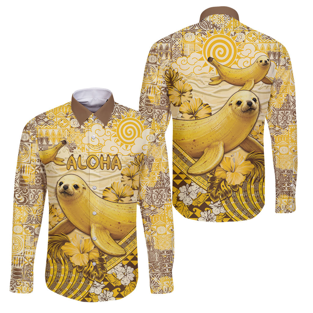 Hawaii Banana Seal Family Matching Off The Shoulder Long Sleeve Dress and Hawaiian Shirt Ilio Holo I Ka Uaua Aloha DT05 Dad's Shirt - Long Sleeve Yellow - Polynesian Pride