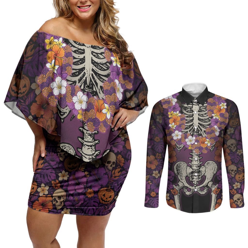Hawaii Halloween Couples Matching Off Shoulder Short Dress and Long Sleeve Button Shirt Skeleton Bones Flower Lei Tropical Floral DT05 Black - Polynesian Pride