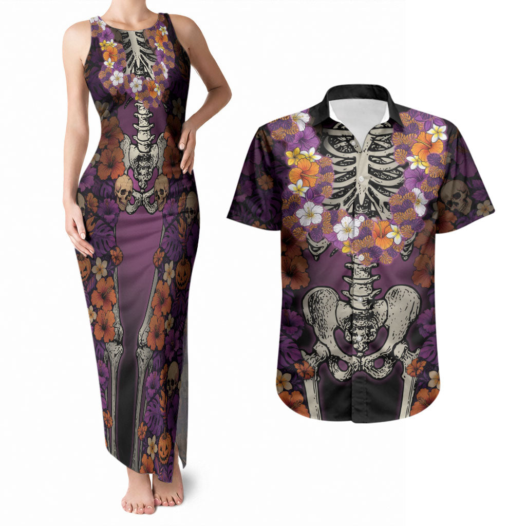 Hawaii Halloween Couples Matching Tank Maxi Dress and Hawaiian Shirt Skeleton Bones Flower Lei Tropical Floral