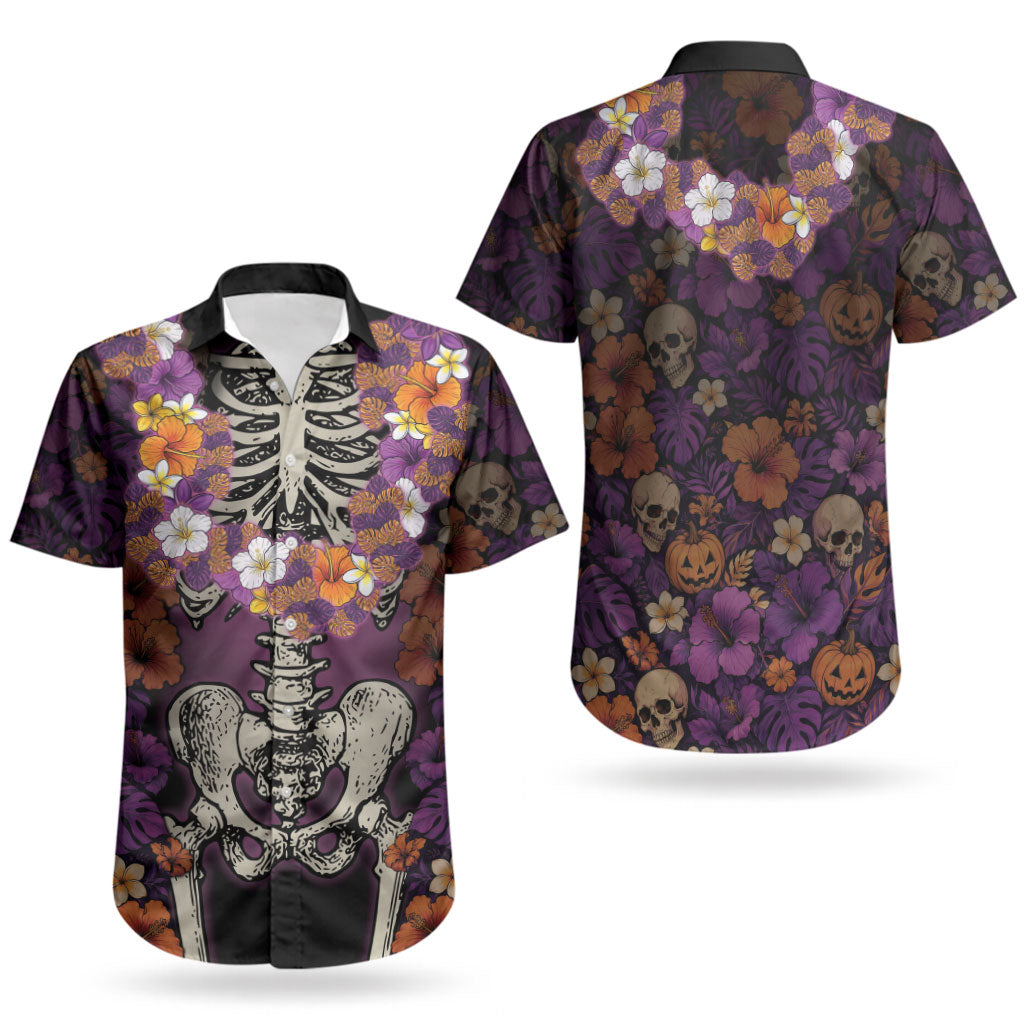 Hawaii Halloween Couples Matching Tank Maxi Dress and Hawaiian Shirt Skeleton Bones Flower Lei Tropical Floral