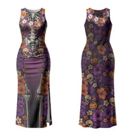 Hawaii Halloween Couples Matching Tank Maxi Dress and Hawaiian Shirt Skeleton Bones Flower Lei Tropical Floral