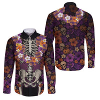 Hawaii Halloween Family Matching Short Sleeve Bodycon Dress and Hawaiian Shirt Skeleton Bones Flower Lei Tropical Floral DT05 Dad's Shirt - Long Sleeve Black - Polynesian Pride