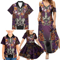 Hawaii Halloween Family Matching Summer Maxi Dress and Hawaiian Shirt Skeleton Bones Flower Lei Tropical Floral