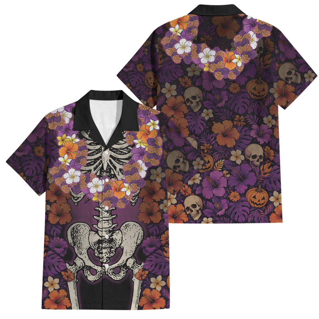 Hawaii Halloween Family Matching Summer Maxi Dress and Hawaiian Shirt Skeleton Bones Flower Lei Tropical Floral