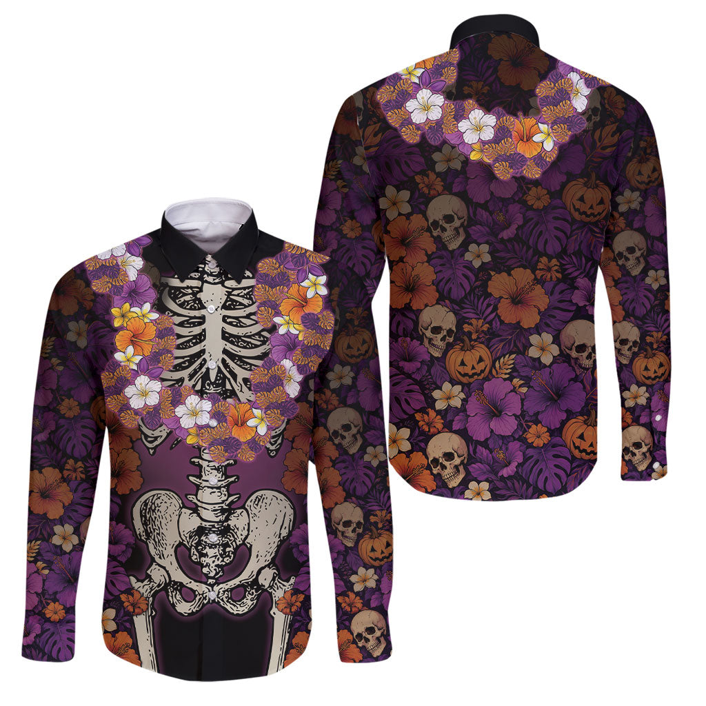 Hawaii Halloween Family Matching Summer Maxi Dress and Hawaiian Shirt Skeleton Bones Flower Lei Tropical Floral