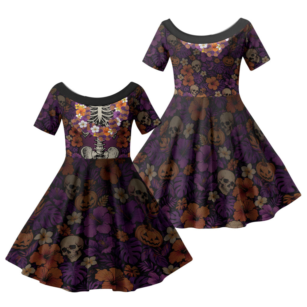 Hawaii Halloween Family Matching Summer Maxi Dress and Hawaiian Shirt Skeleton Bones Flower Lei Tropical Floral