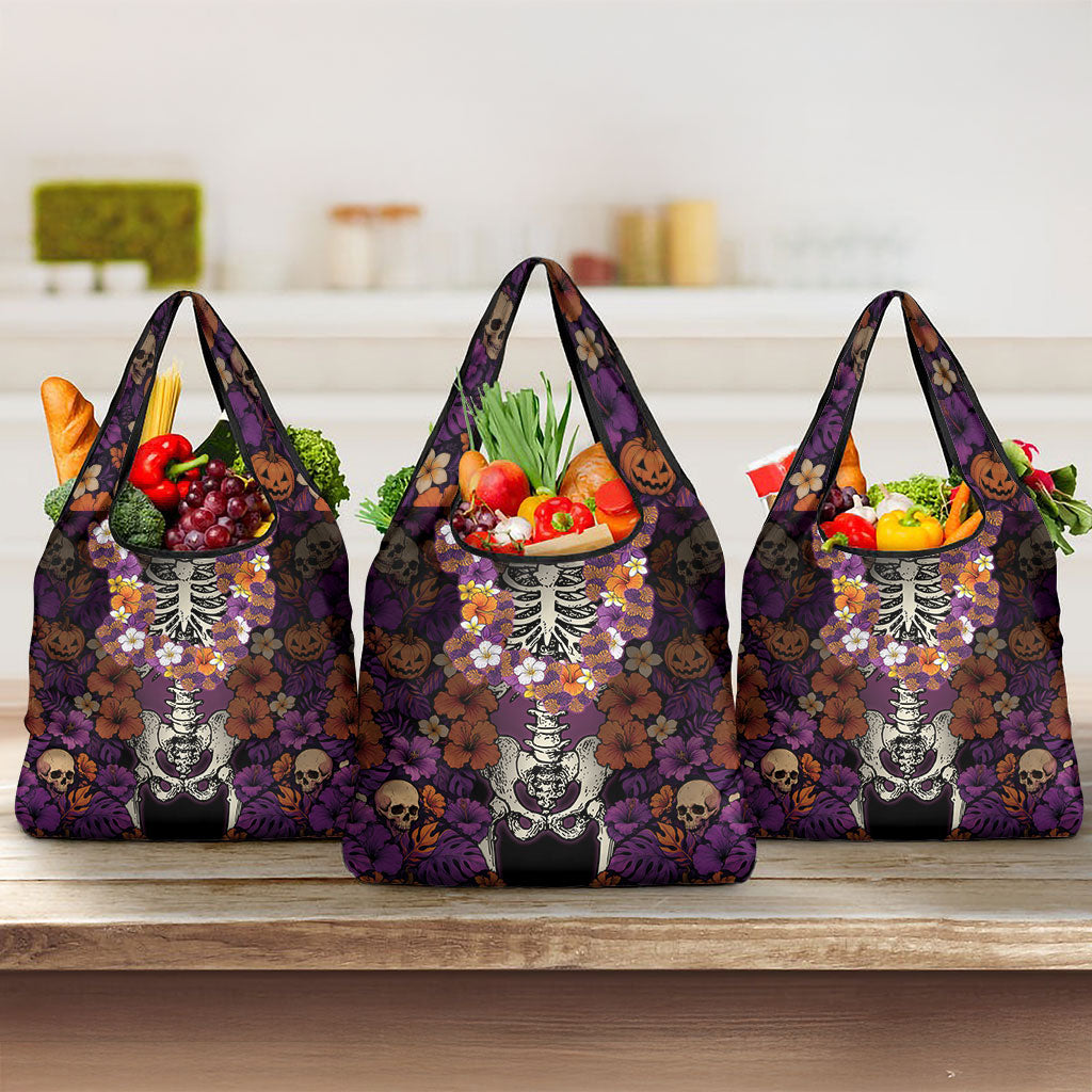 Hawaii Halloween Grocery Bag Skeleton Bones Flower Lei Tropical Floral