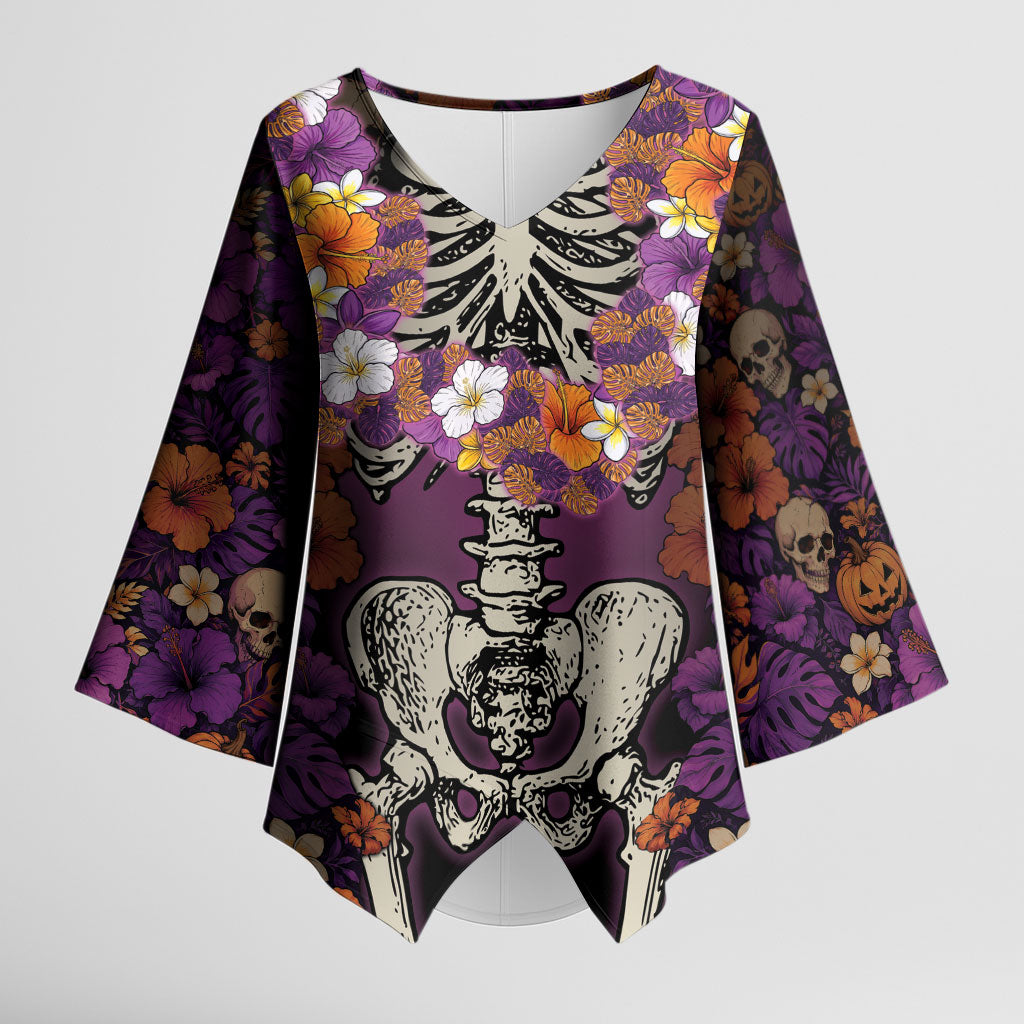 Hawaii Halloween Kimono Sleeve Blouse Skeleton Bones Flower Lei Tropical Floral