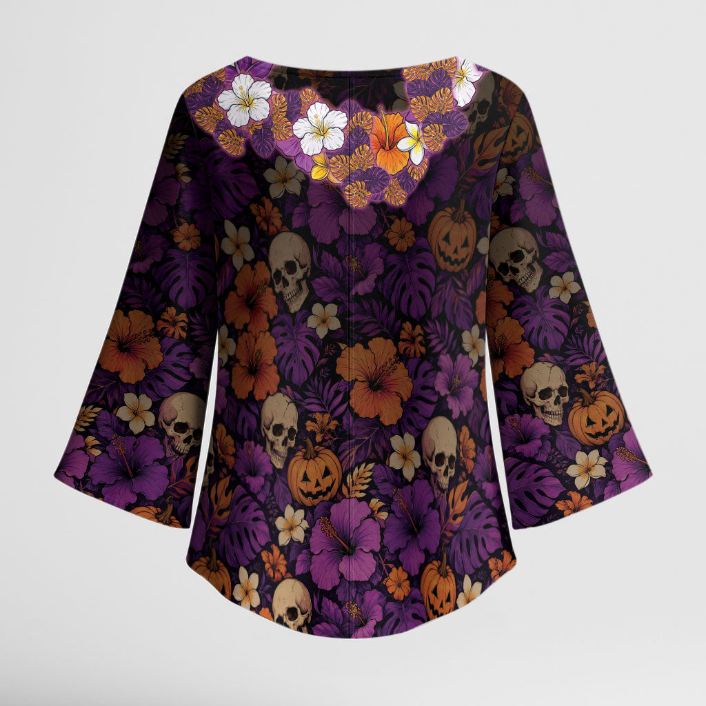 Hawaii Halloween Kimono Sleeve Blouse Skeleton Bones Flower Lei Tropical Floral