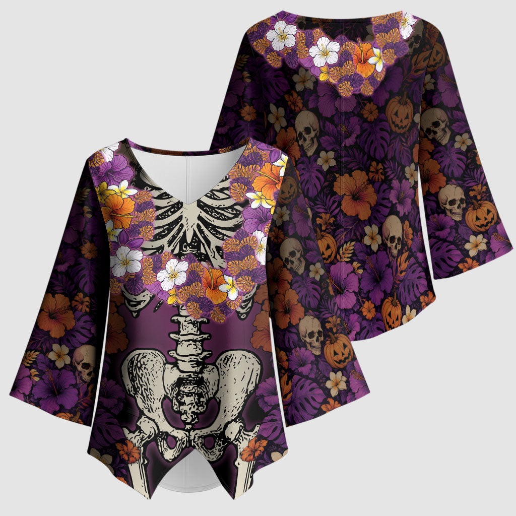 Hawaii Halloween Kimono Sleeve Blouse Skeleton Bones Flower Lei Tropical Floral