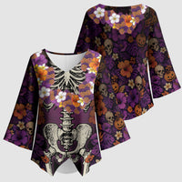 Hawaii Halloween Kimono Sleeve Blouse Skeleton Bones Flower Lei Tropical Floral