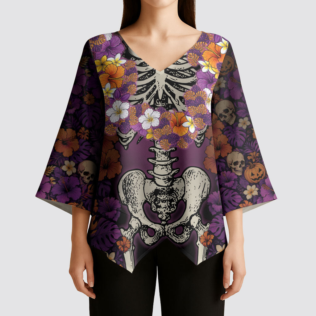 Hawaii Halloween Kimono Sleeve Blouse Skeleton Bones Flower Lei Tropical Floral