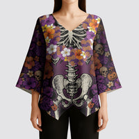 Hawaii Halloween Kimono Sleeve Blouse Skeleton Bones Flower Lei Tropical Floral