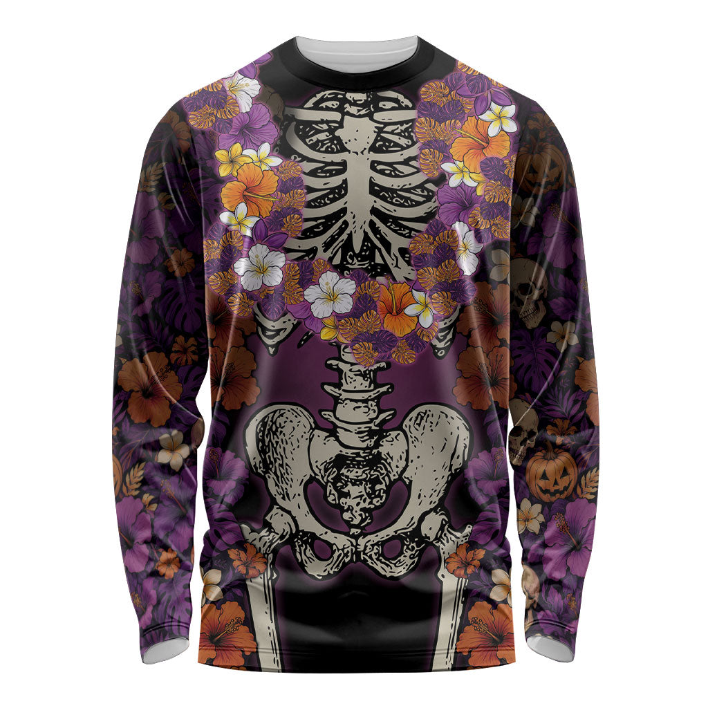 Hawaii Halloween Long Sleeve Shirt Skeleton Bones Flower Lei Tropical Floral