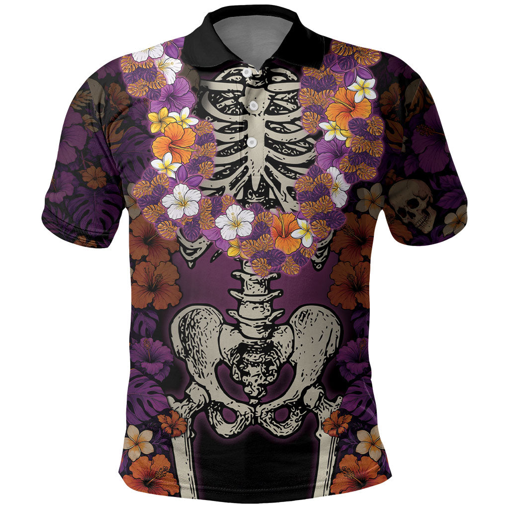 Hawaii Halloween Polo Shirt Skeleton Bones Flower Lei Tropical Floral
