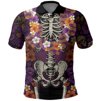 Hawaii Halloween Polo Shirt Skeleton Bones Flower Lei Tropical Floral