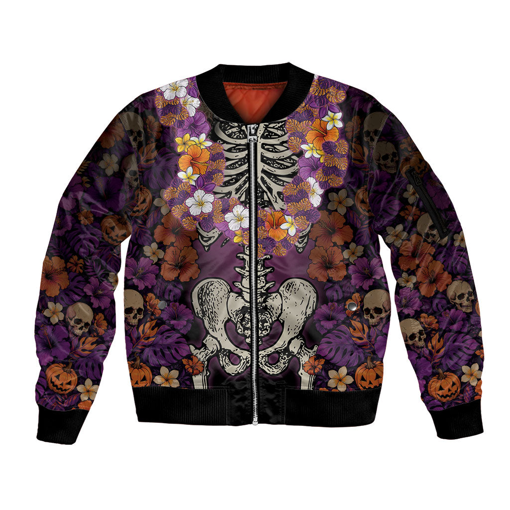 Hawaii Halloween Sleeve Zip Bomber Jacket Skeleton Bones Flower Lei Tropical Floral DT05 Unisex Black - Polynesian Pride