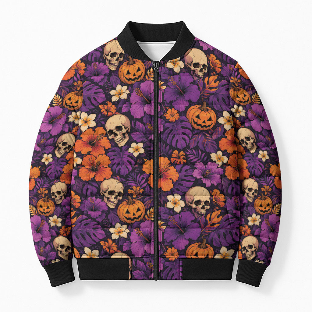 Hawaii Halloween Bomber Puffer Jacket Skeleton Pumpkin Hawaiian Flower Tribal DT05 Unisex Purple - Polynesian Pride