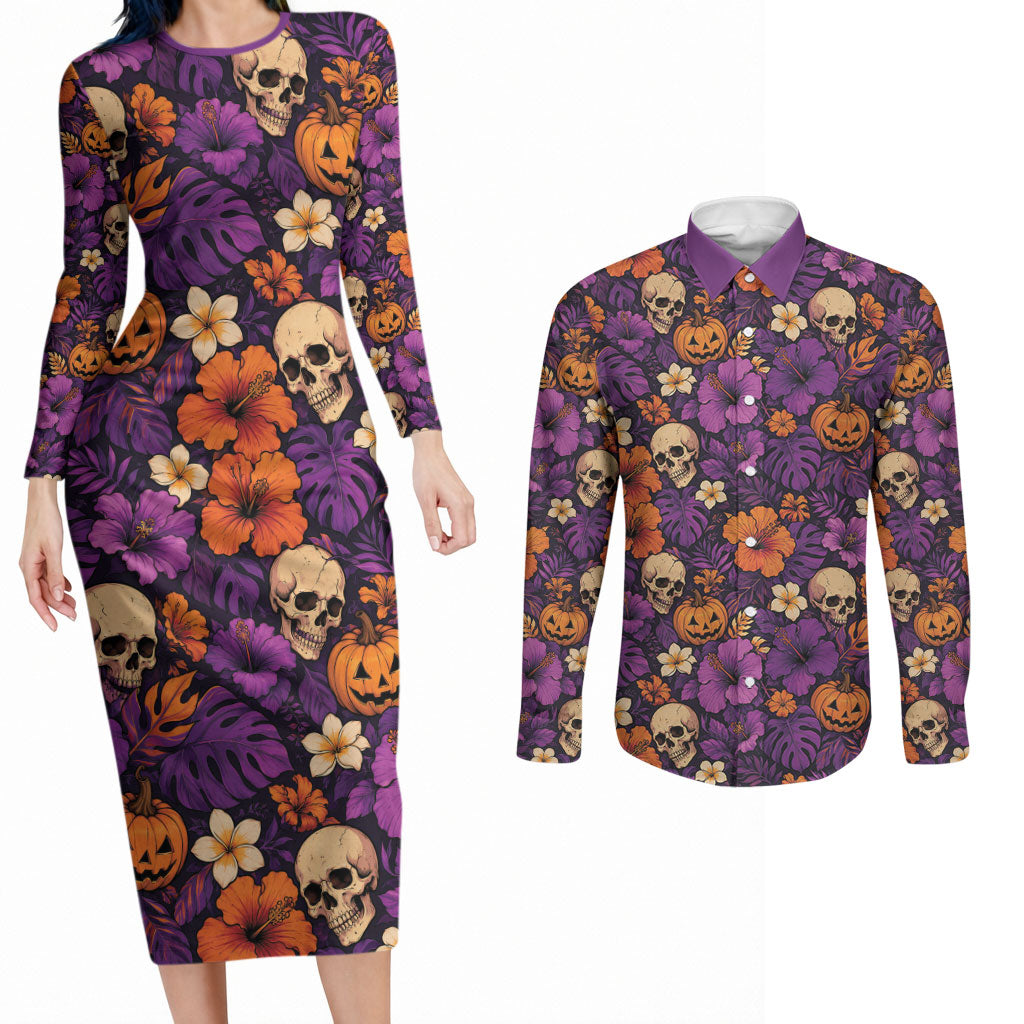 Hawaii Halloween Couples Matching Long Sleeve Bodycon Dress and Long Sleeve Button Shirt Skeleton Pumpkin Hawaiian Flower Tribal DT05 Purple - Polynesian Pride