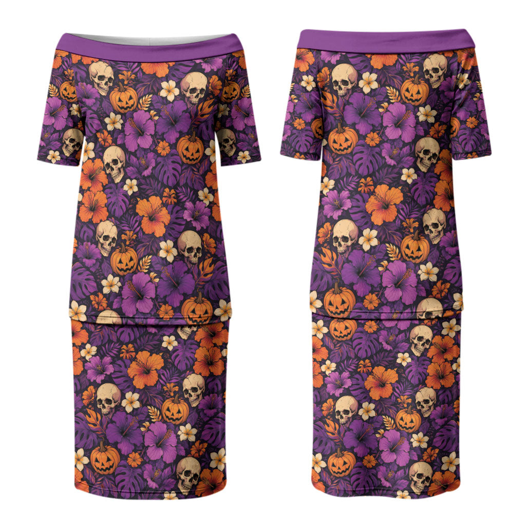 Hawaii Halloween Couples Matching Puletasi and Hawaiian Shirt Skeleton Pumpkin Hawaiian Flower Tribal DT05 - Polynesian Pride