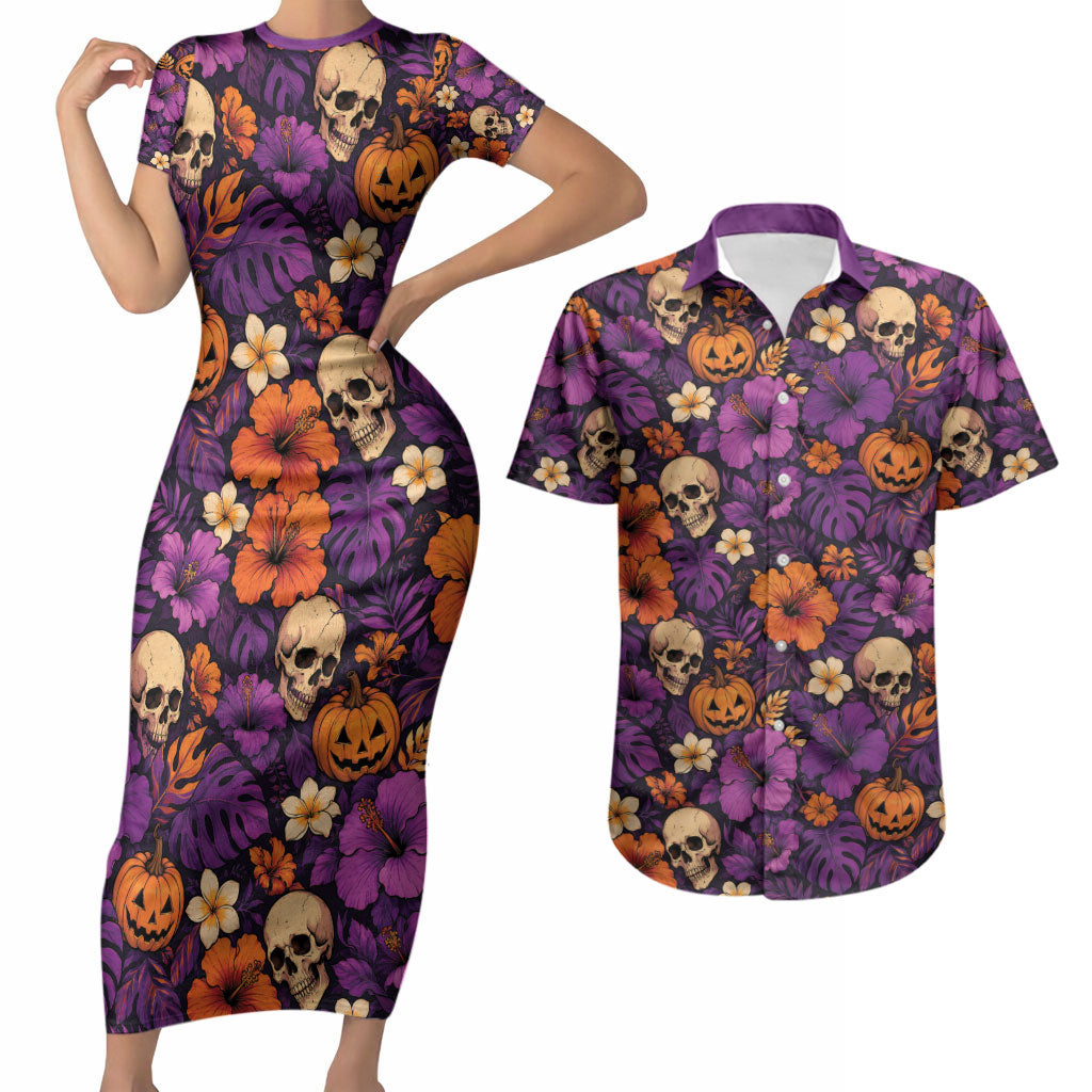 Hawaii Halloween Couples Matching Short Sleeve Bodycon Dress and Hawaiian Shirt Skeleton Pumpkin Hawaiian Flower Tribal