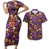 Hawaii Halloween Couples Matching Short Sleeve Bodycon Dress and Hawaiian Shirt Skeleton Pumpkin Hawaiian Flower Tribal