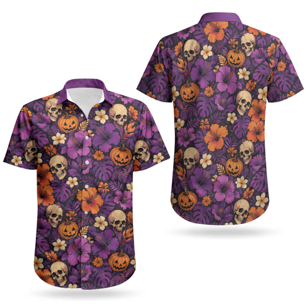 Hawaii Halloween Couples Matching Short Sleeve Bodycon Dress and Hawaiian Shirt Skeleton Pumpkin Hawaiian Flower Tribal