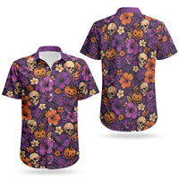 Hawaii Halloween Couples Matching Short Sleeve Bodycon Dress and Hawaiian Shirt Skeleton Pumpkin Hawaiian Flower Tribal