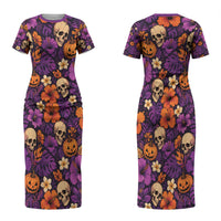 Hawaii Halloween Couples Matching Short Sleeve Bodycon Dress and Hawaiian Shirt Skeleton Pumpkin Hawaiian Flower Tribal