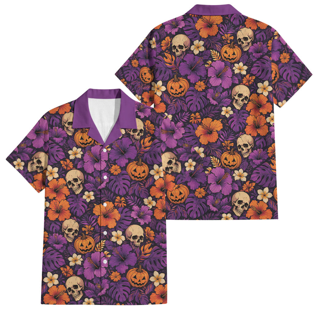 Hawaii Halloween Family Matching Mermaid Dress and Hawaiian Shirt Skeleton Pumpkin Hawaiian Flower Tribal DT05 Dad's Shirt - Short Sleeve Purple - Polynesian Pride