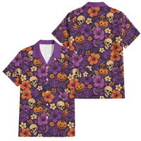 Hawaii Halloween Family Matching Mermaid Dress and Hawaiian Shirt Skeleton Pumpkin Hawaiian Flower Tribal DT05 Dad's Shirt - Short Sleeve Purple - Polynesian Pride